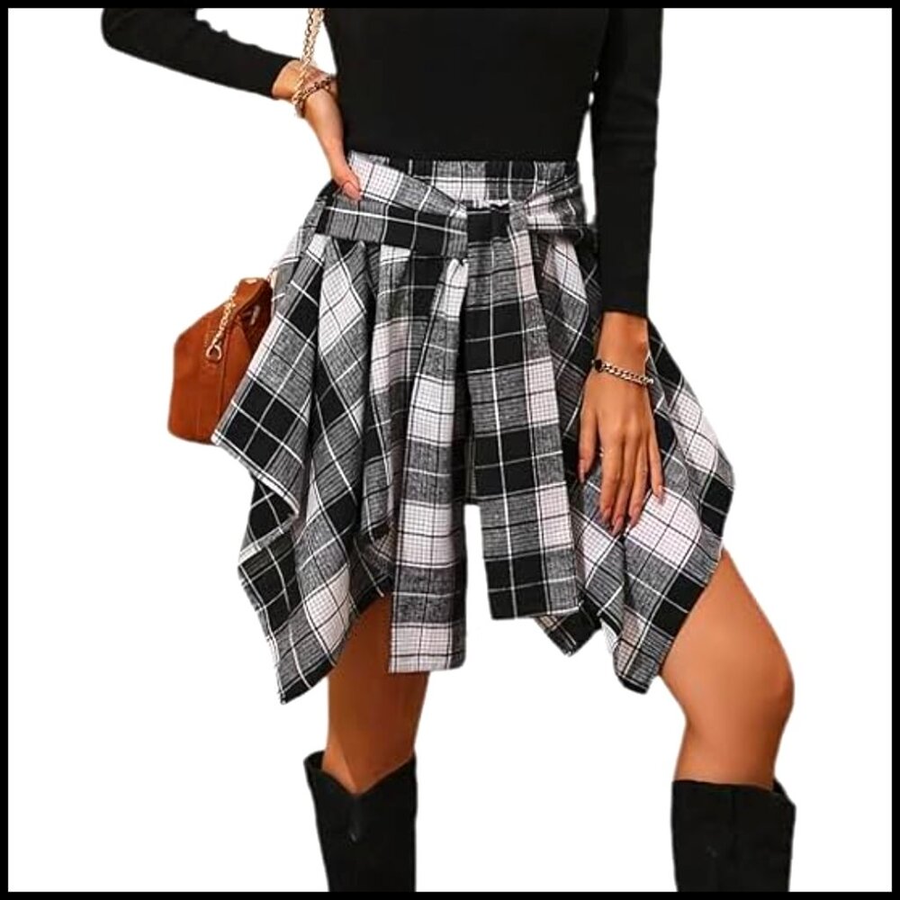 High Waisted Asymmetrical Hem Plaid Mini Skirt Women's Fashion